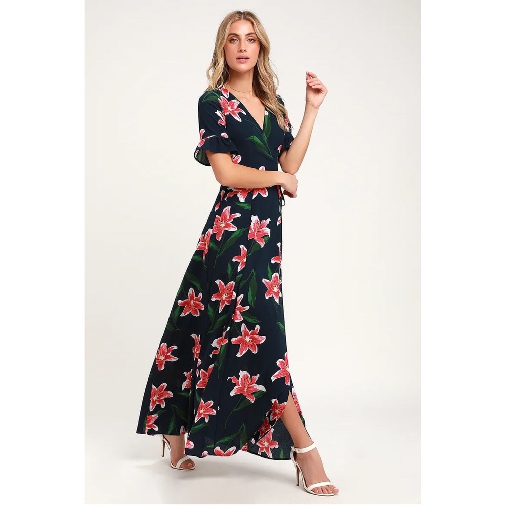Lulus Stargazer Lily Navy Blue Floral Print Maxi Wrap Dress - Picture 2 of 7